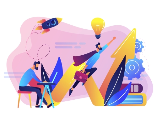 Businessman working and flying like superhero with briefcase. Start up launch, start up venture and entrepreneurship concept on white background. Bright vibrant violet vector isolated illustration